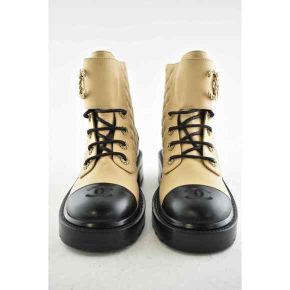 Chanel 20A Black Beige Quilted CC Chain Combat Lace Up Tie Ankle Short Boot 40.5 - Picture 6 of 12